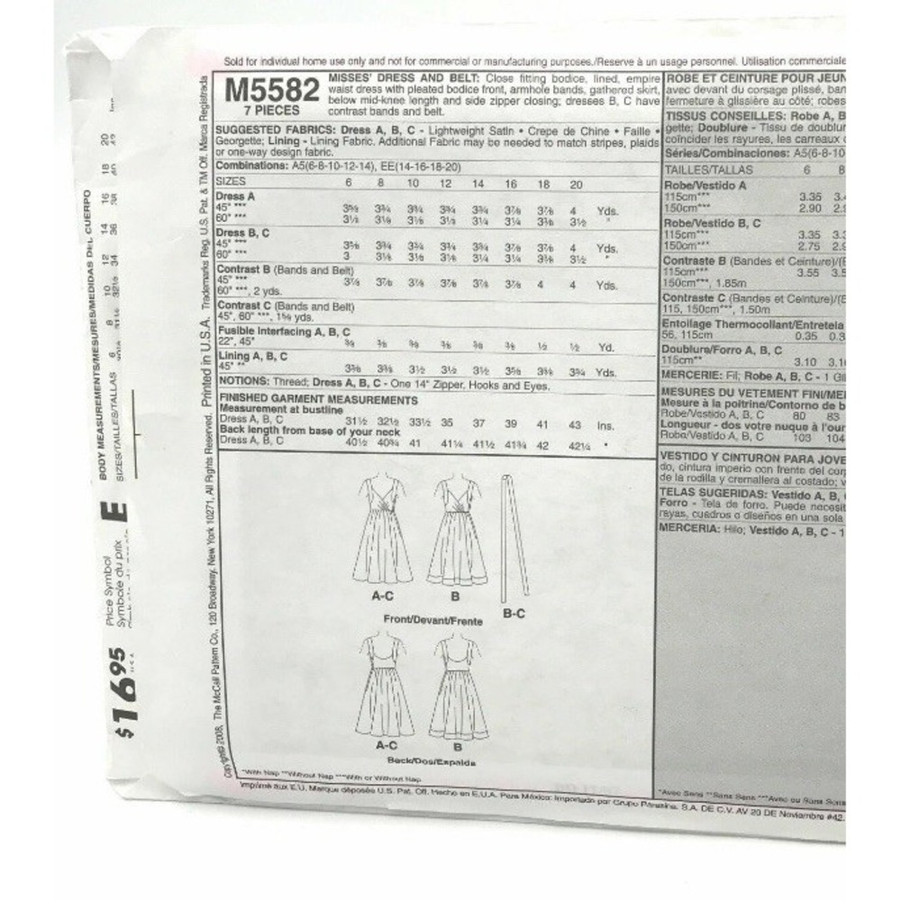 McCalls 5582 Sleeveless Dress Belt Empire Waist Flared Size 6 14 Uncut Pattern - Picture 3 of 3
